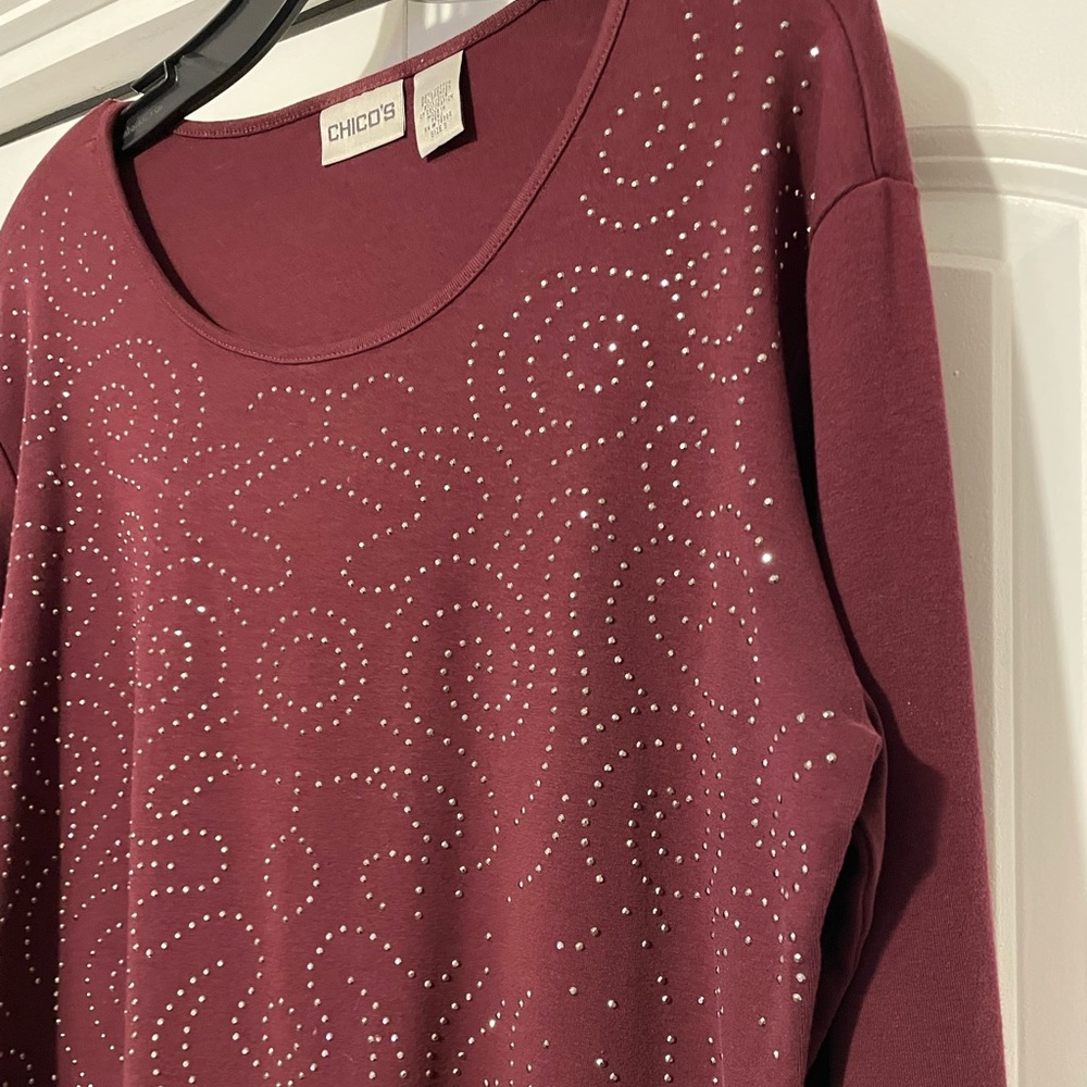 Chico’s Embellished Long Sleeve Burgundy Top Sz 3 (XL/16) - Picture 7 of 8